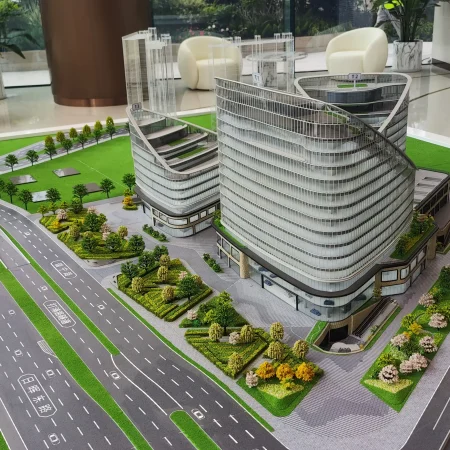 High-precision commercial complex sandbox model with LED lighting, used for real estate exhibition and investment promotion.
